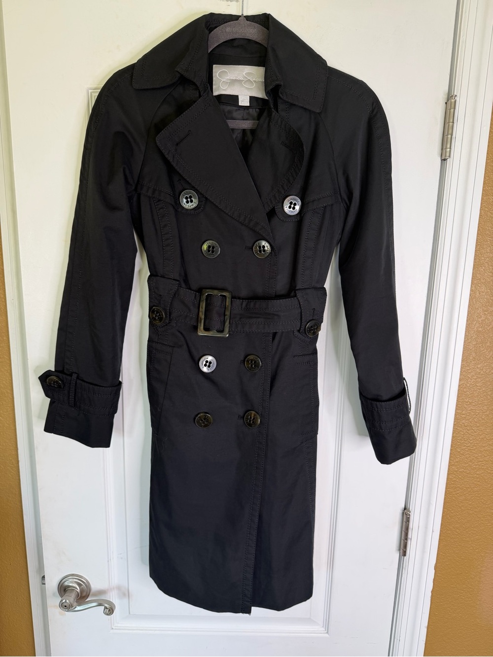 Jessica Simpson Y2K Black Double-Breasted Trench Coat with Belt. Size XS.